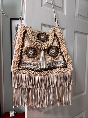 Boho Fringe Embellished Shoulder Bag - Beige